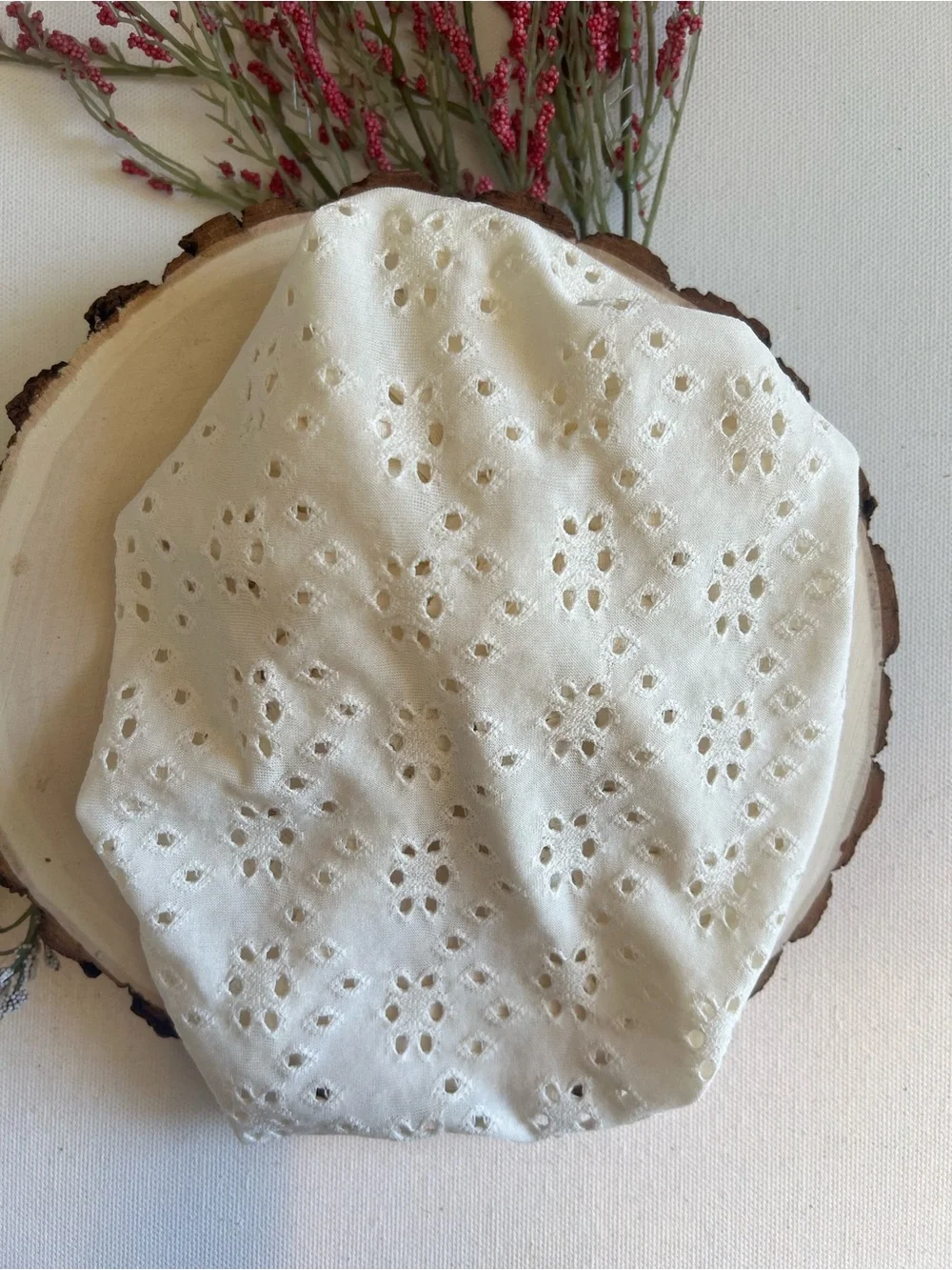 Handmade White Eyelet Lace Baby Turban Hat with Textured Flower NWT